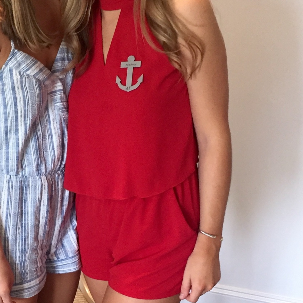 Red Romper High Neck with Tie and Pockets
